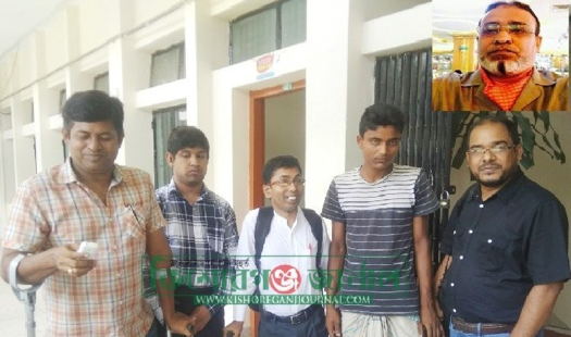 Five Bangladeshi men stand together outside of a white-washed office building on a sunny day.